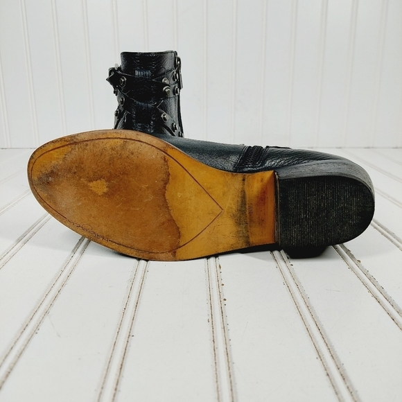 Halogen Black Leather Buckle Studded Strap Slip On Ankle Boots I601 - Picture 8 of 11